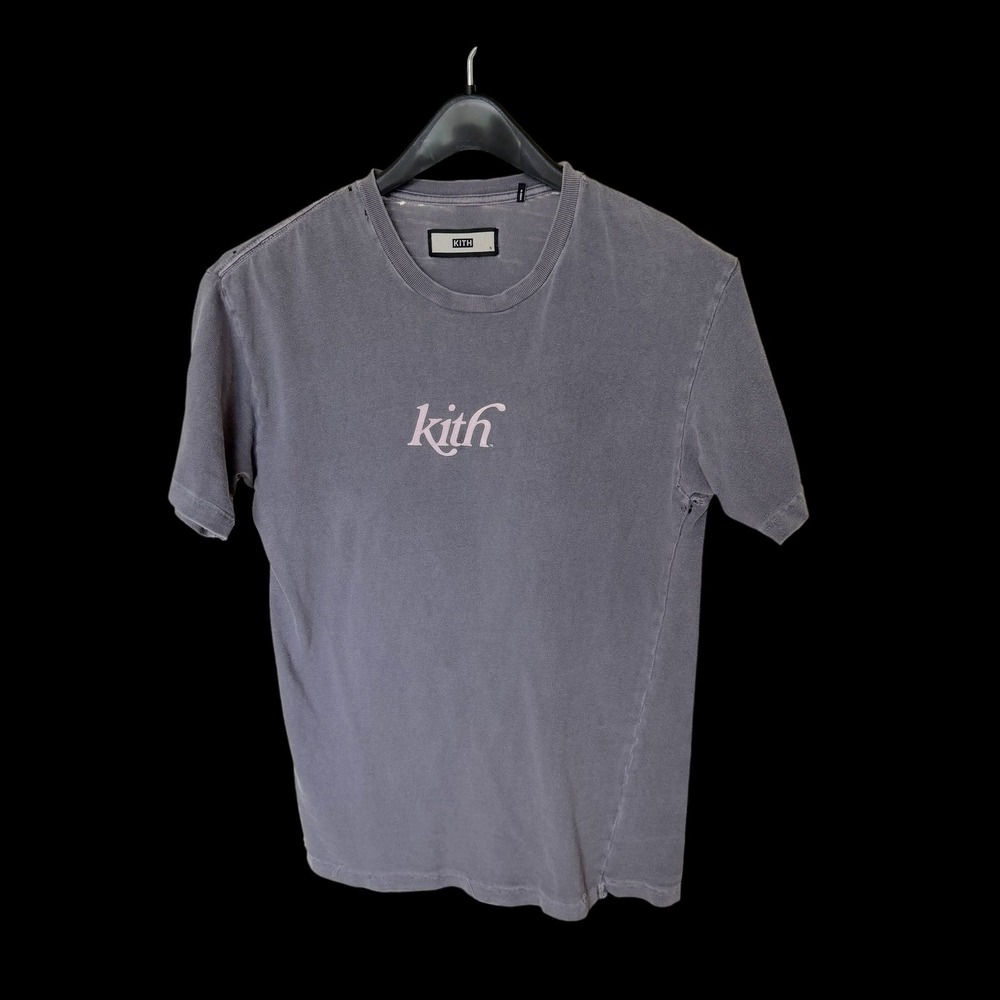 Kith Short Sleeve T‑Shirt in Faded Gray with Pink Logo